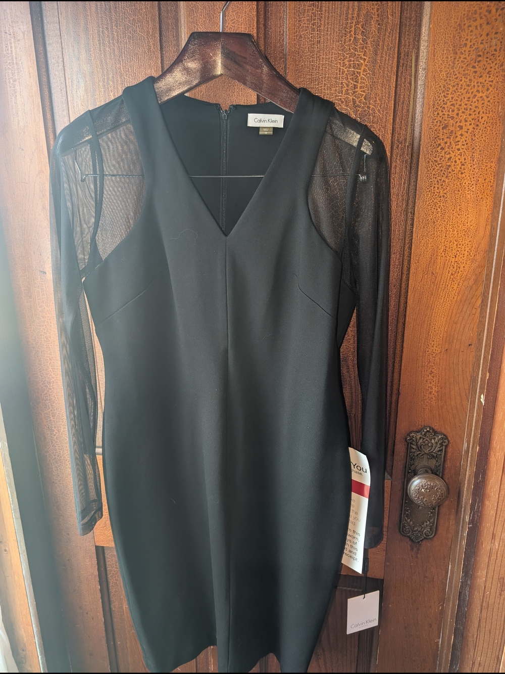 Calvin Klein Black V-Neck Dress with Sheer Long Sleeves New 10